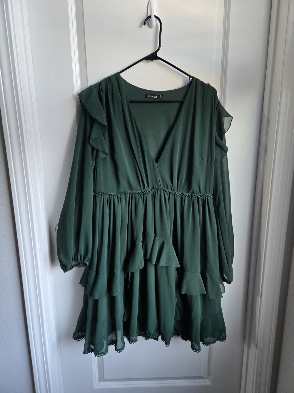 Boohoo Forest Green Ruffle V-Neck Mini Dress Size 12